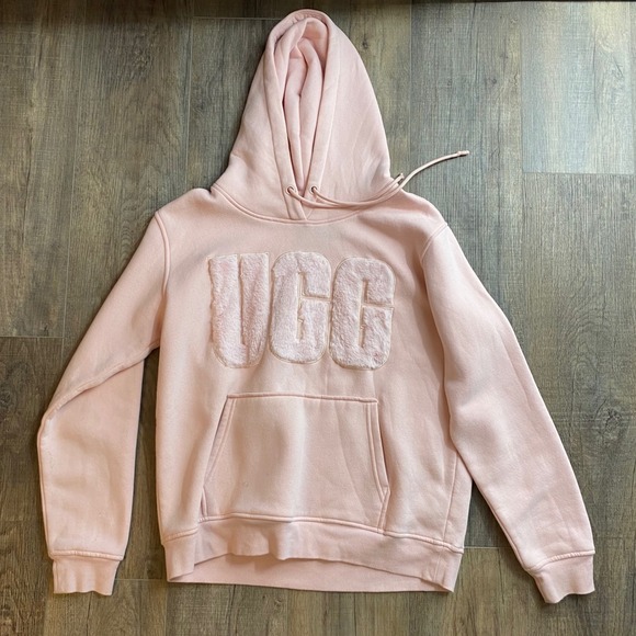 UGG Tops - UGG Ericka Relaxed Hoodie Pink Faux Fur Logo Fleece Sweatshirt Womens Large
